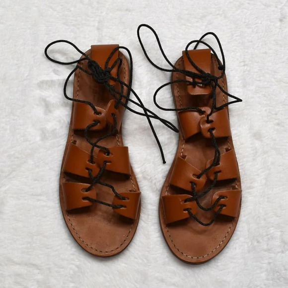 Madewell Gladiator Sandals Genuine Leather Strappy Flats Sz 6 Boho Hippie Camel - Picture 1 of 14